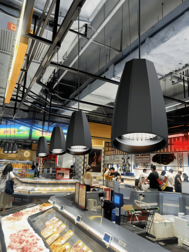 DD-01 supermarket pendant light installed above fresh meat counter for high CRI retail lighting