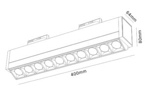 FOJOLUX GK-H61001 LED track light dimensions diagram, showing 400mm length, 64mm width, and 80mm height for precise installation.