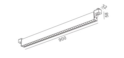 DA02-90 wall washing shelf light dimension drawing showing 900mm linear length and slim housing design