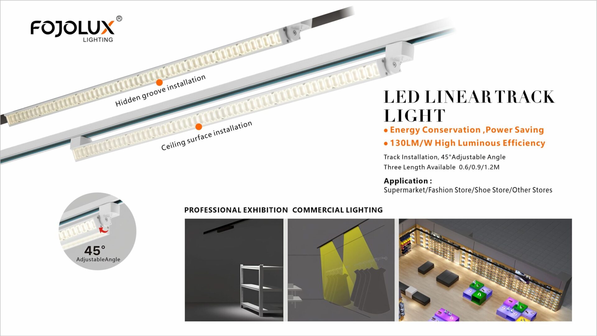 LED linear track light with energy-saving features, adjustable angle, and multiple installation options for commercial spaces.