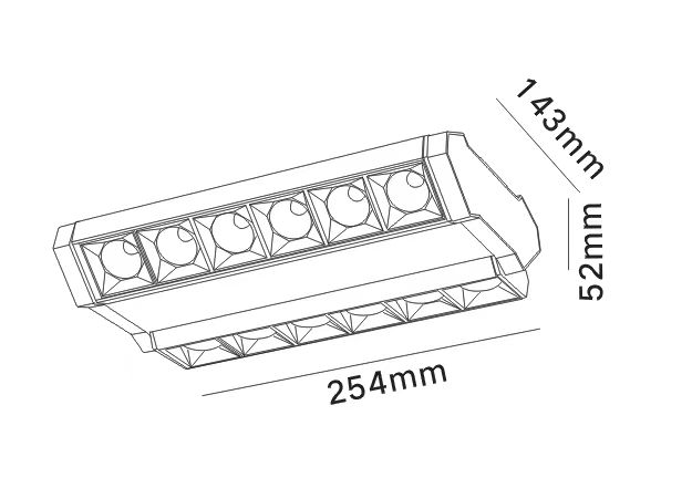GK-60602 adjustable linear track light double direction dimension drawing showing 254mm length for supermarket lighting projects