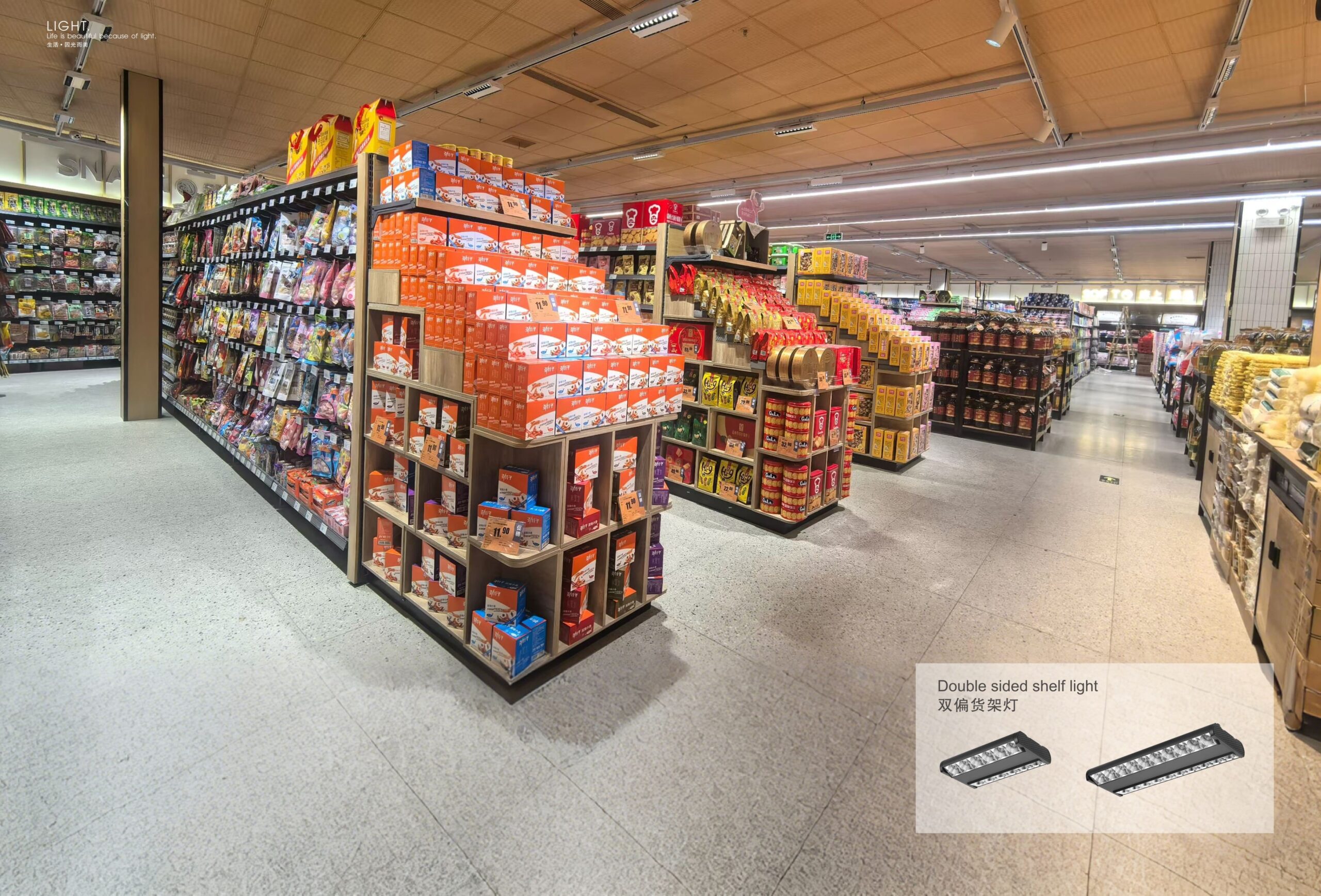 Real-world application of double sided shelf lights in a supermarket.