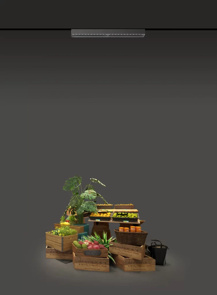 GP-62 linear track light illuminating supermarket fruit and vegetable display with uniform anti-glare lighting