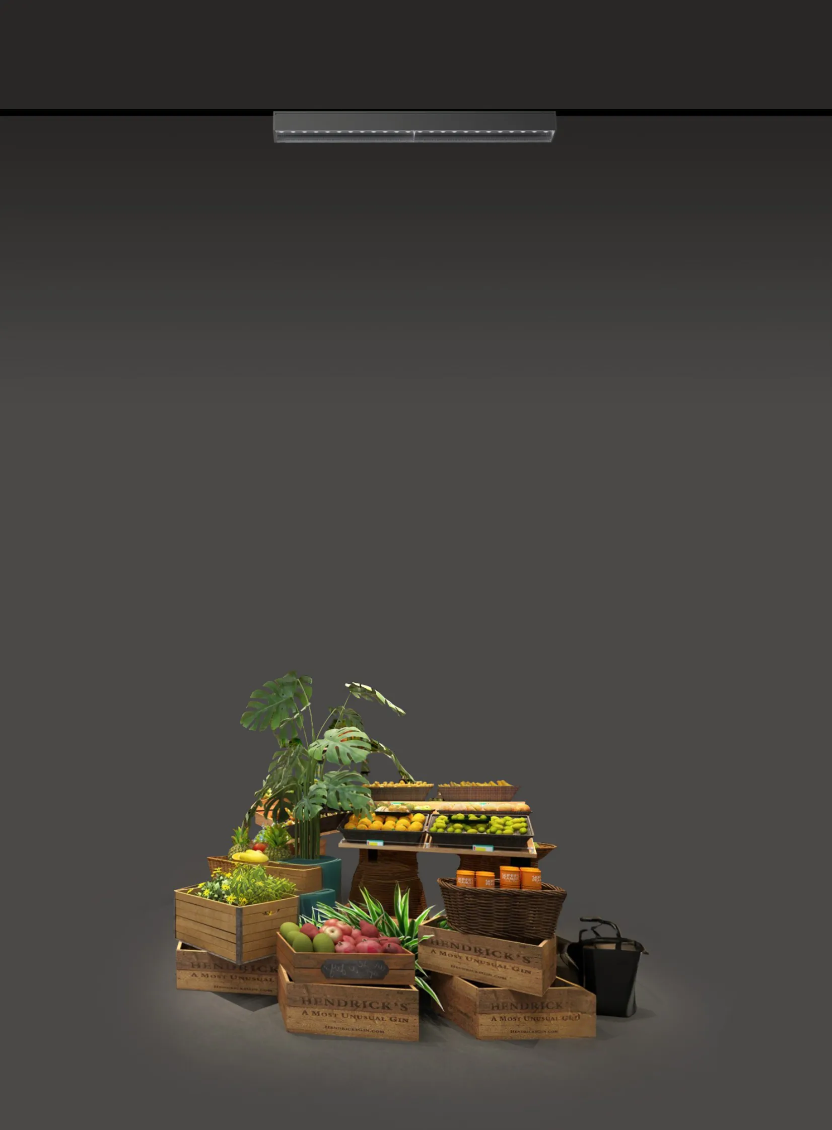 GP-62 linear track light illuminating supermarket fruit and vegetable display with uniform anti-glare lighting