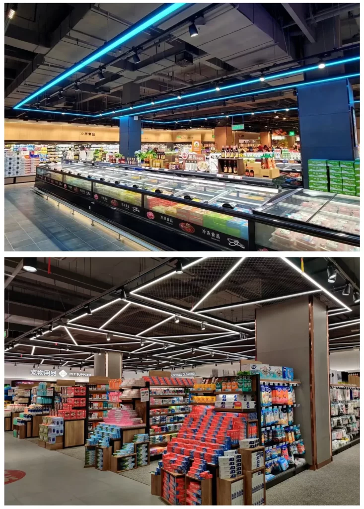 PB linear ceiling light supermarket application with modular linear lighting design in retail store environment