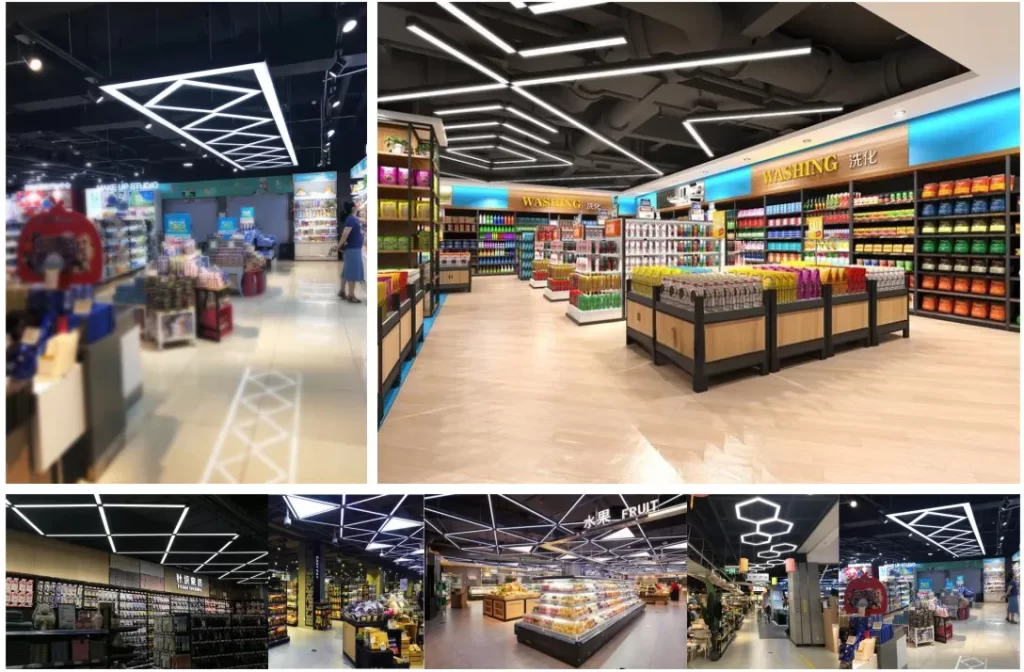 PB linear ceiling light supermarket project modular lighting installation with geometric ceiling lighting design