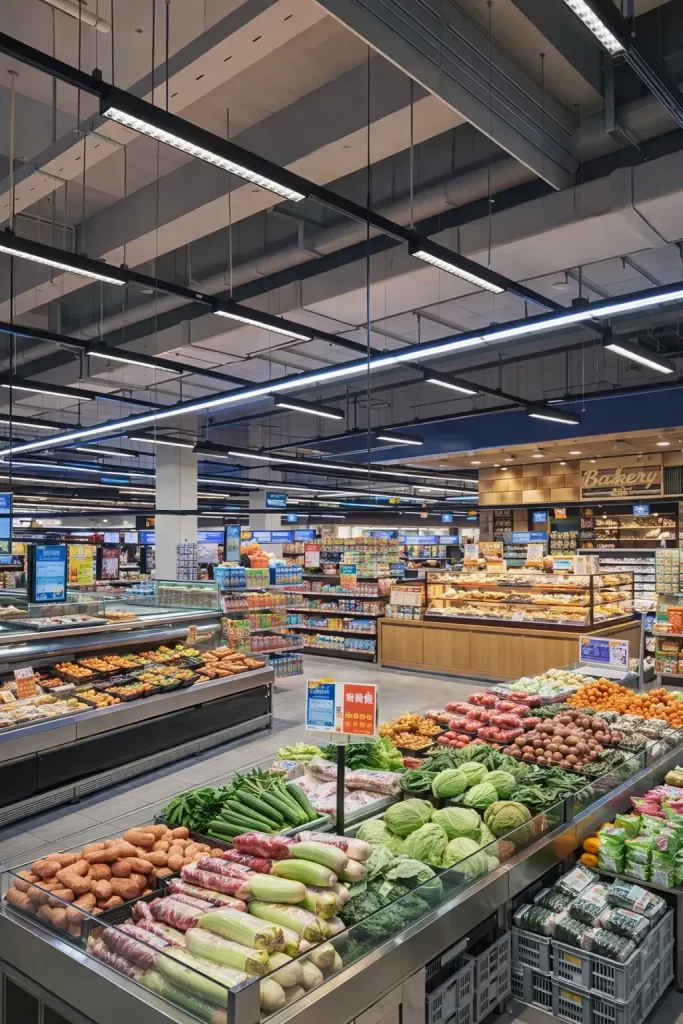 supermarket lighting manufacturer LED linear track light illuminating multi-zone retail areas including fresh produce, bakery, and grocery sections